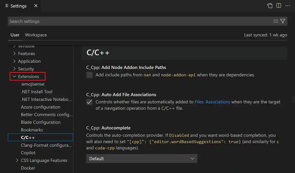 C++ extension settings in the Settings editor