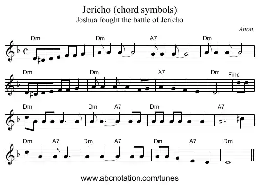 staff notation for Jericho (chord symbols) example