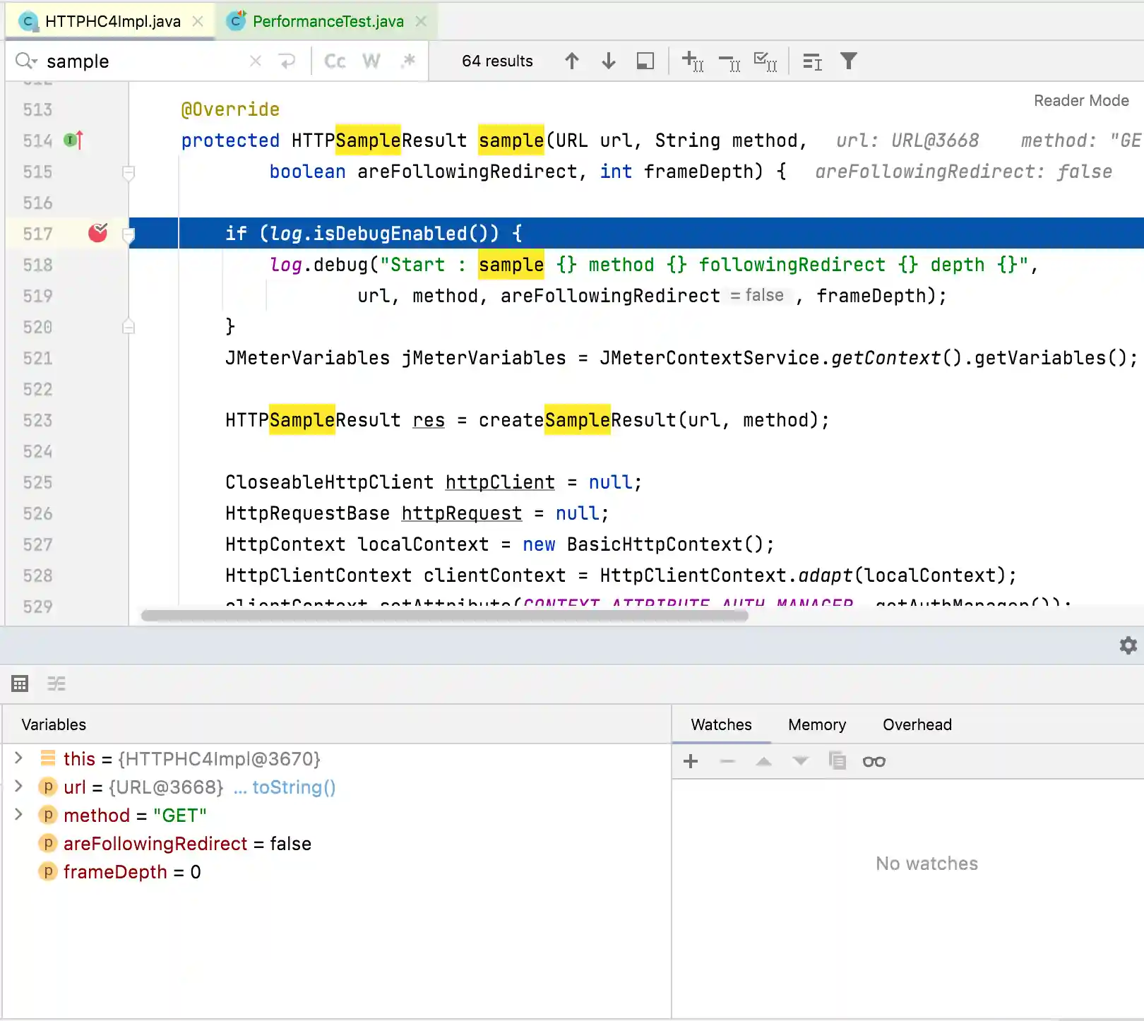 JMeter HTTP Sampler debugging in IDE