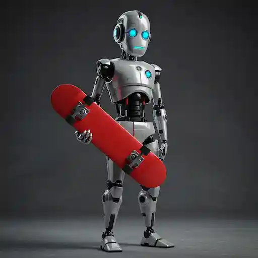AI-generated image of a robot holding a red skateboard
