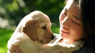 A puppy in a young girl's arms.