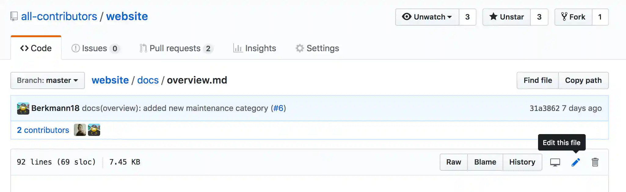 A screenshot that shows the GitHub interface with a file open focused on the pencil icon that allows you to edit the page.