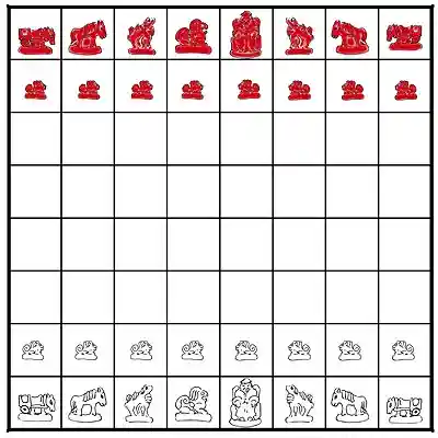 the initial array of Mongolian chess, all set up and ready to play
