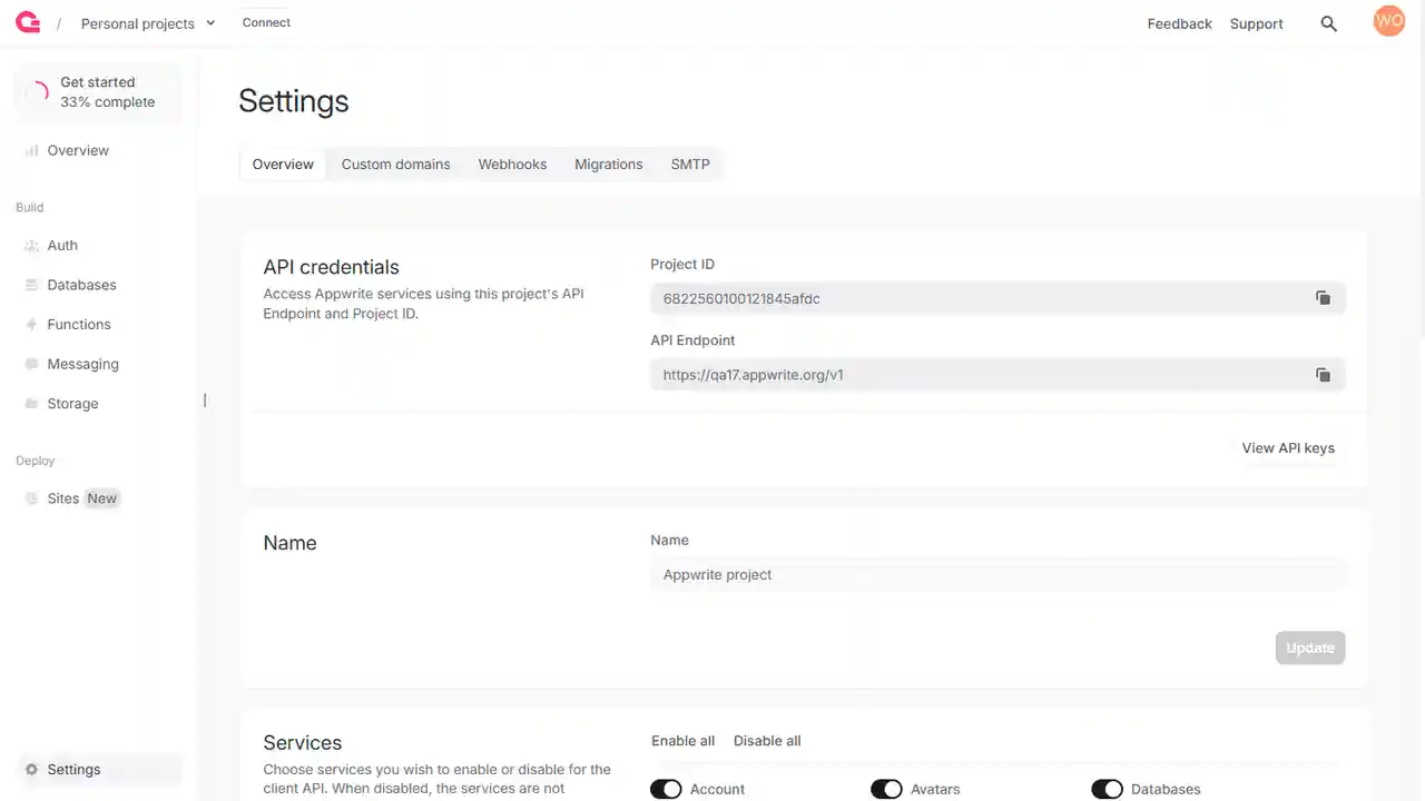 Project settings screen