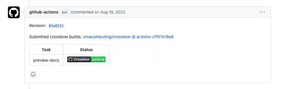 GitHub Actions response with the crossbow build status.