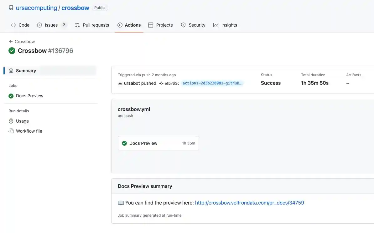 Crossbow workflow page with the Docs Preview summary section.