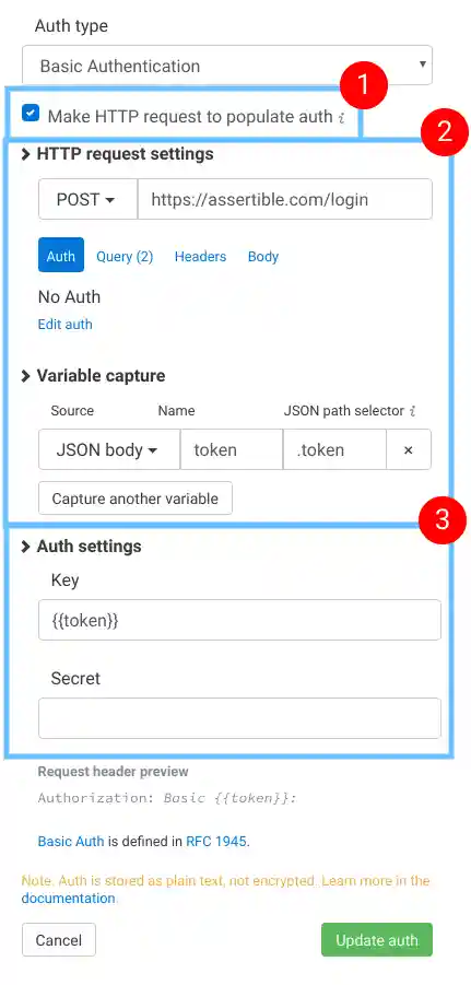 Populate auth from an HTTP step