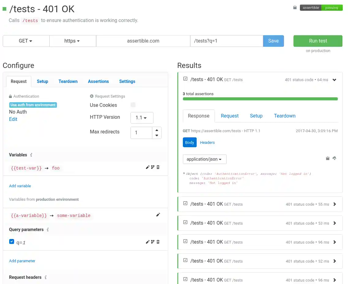Configure an API test in Assertible