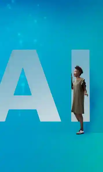 A woman steps through the letters "AI"