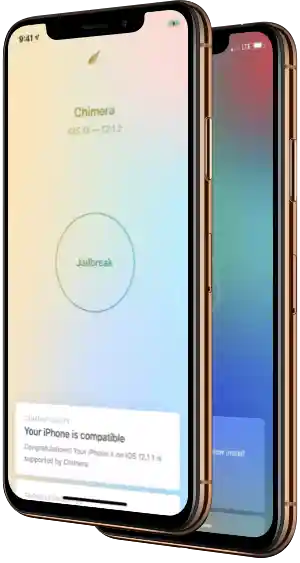 Two iPhones showing Chimera, one showing the pre-jailbroken state and another behind it showing afterwards.