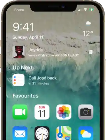 An iPhone showing the redesigned Home screen provided by Starfish, with the clock, weather, music, a calendar event titled 'Call José back,' and a group of apps called Favourites.