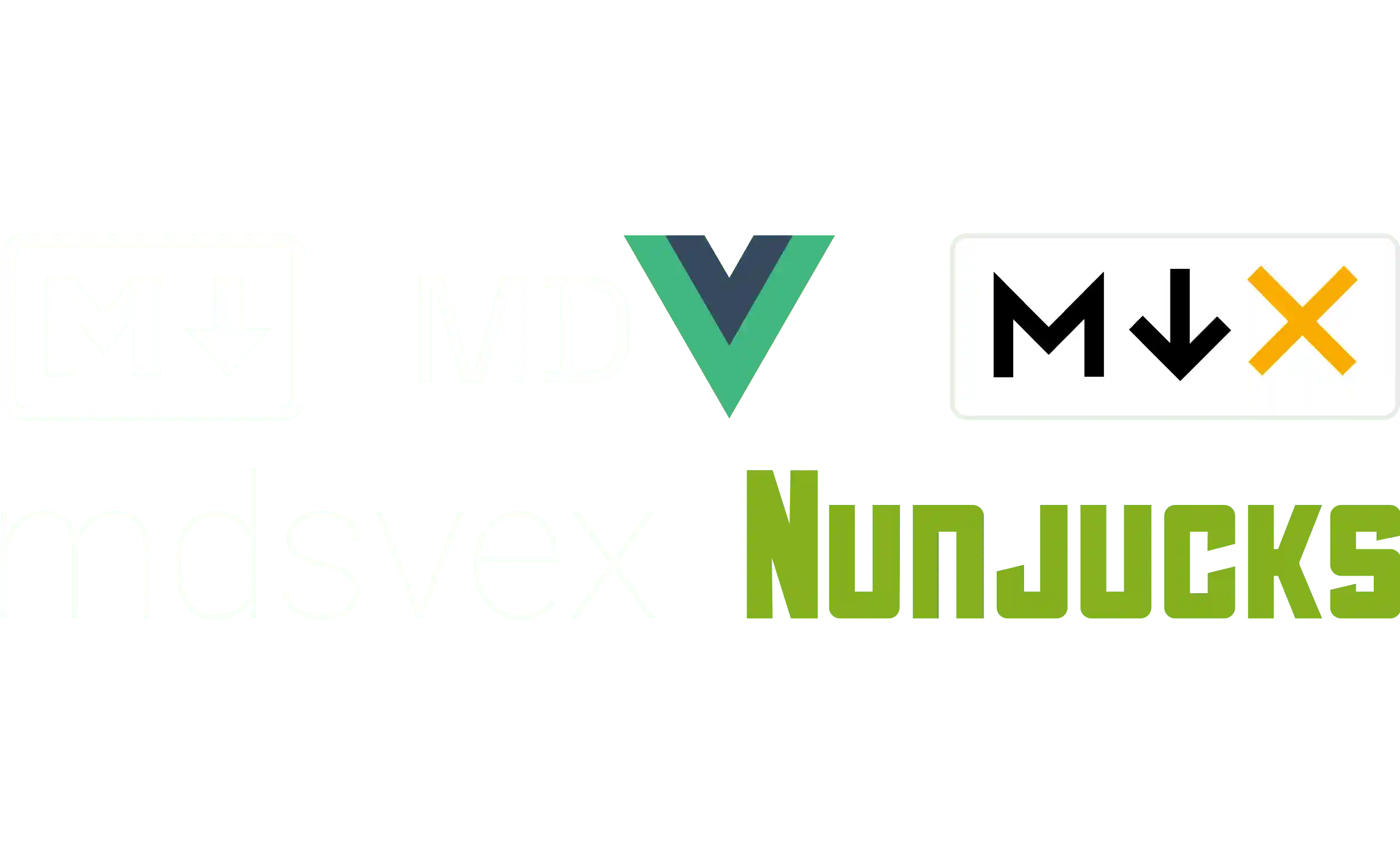 Logos of Markdown, MDX2, MD Vue, MDsveX and Nunjucks