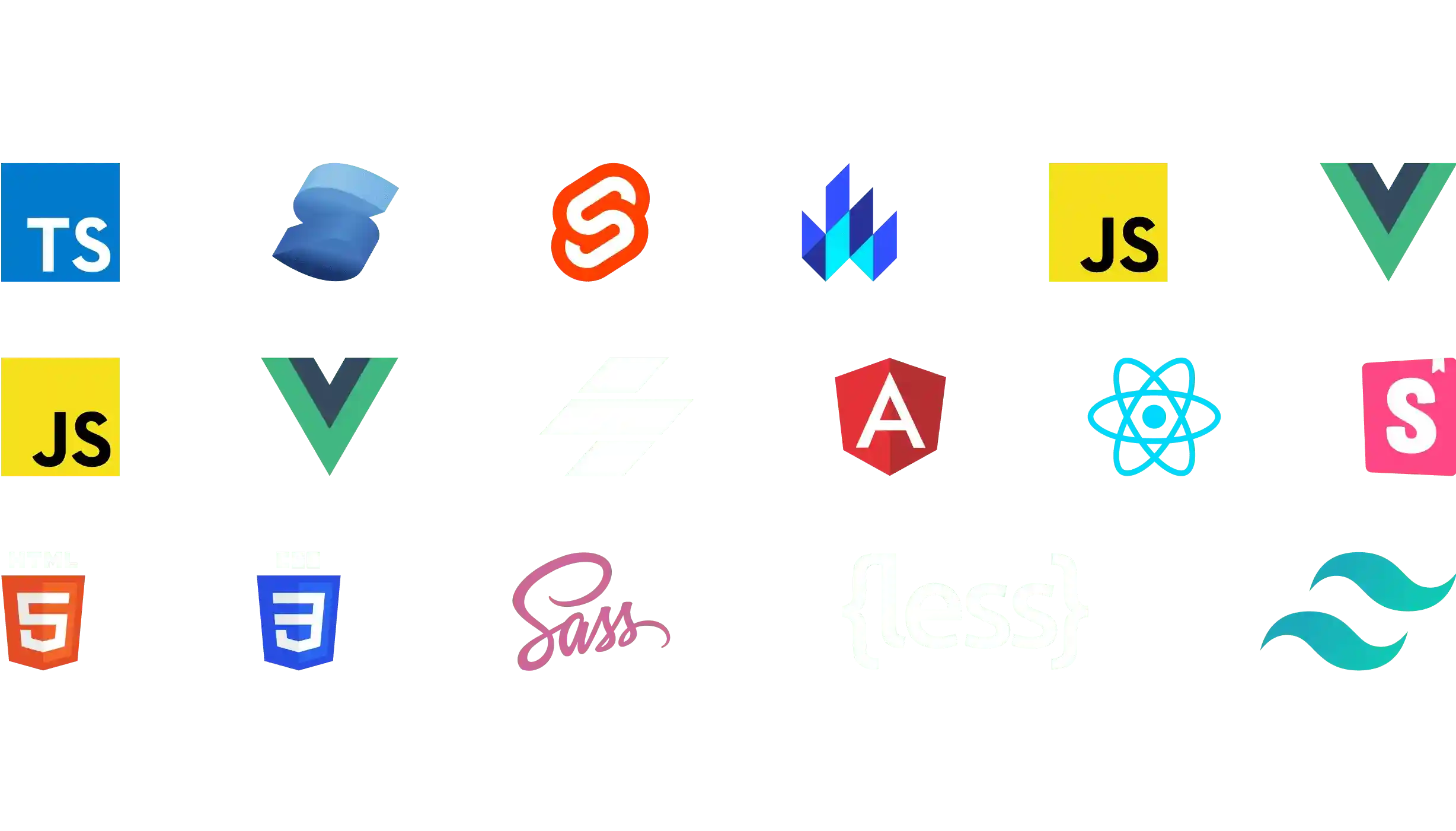 Logos of Typescript, Solid, Lit, Javascript, Vue.js, Stencil, Angular, Storybook, Adobe, Svelte, HTML5, CSS3, React, Sass, Less and Tailwind