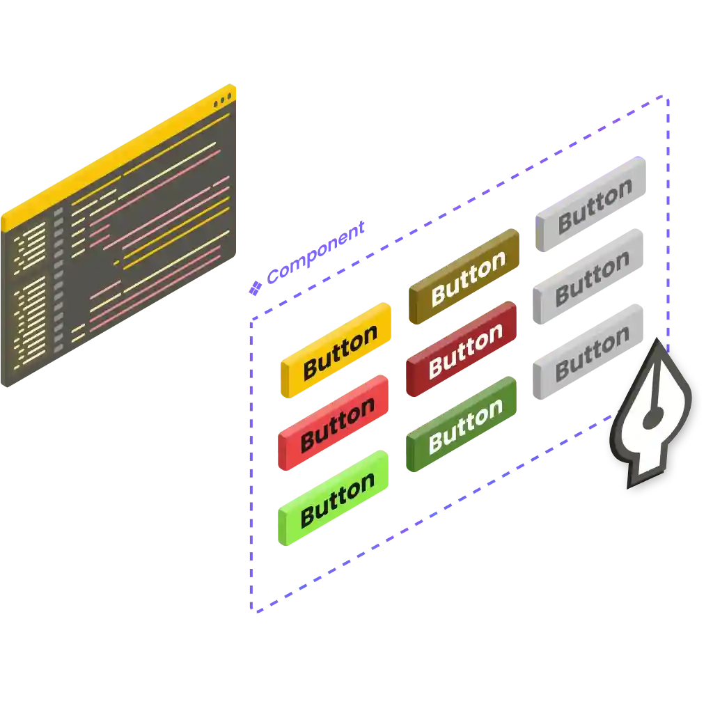 Screenshot with a zoom on a "button" component's UI kit next to a pen.