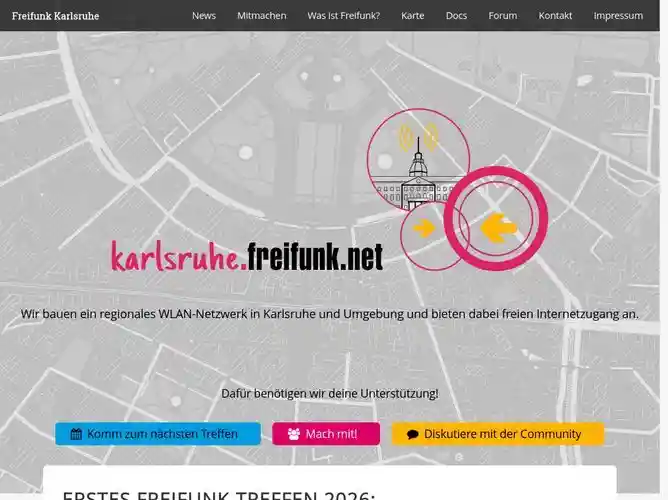 The website screenshot for https://karlsruhe.freifunk.net