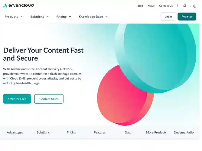 The website screenshot for https://www.arvancloud.ir/en/products/cdn