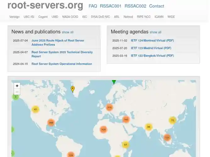 The website screenshot for https://root-servers.org/
