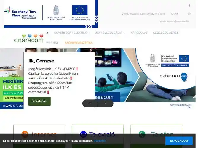The website screenshot for http://naracom.hu