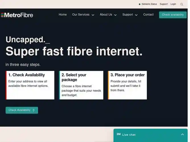 The website screenshot for https://www.metrofibre.co.za