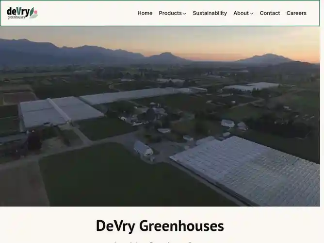The website screenshot for https://devrygreenhouses.com/