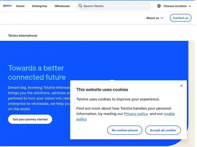 The website screenshot for https://www.telstrainternational.com/