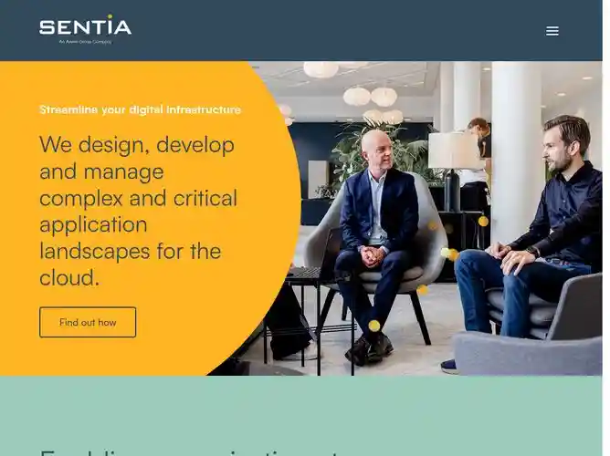 The website screenshot for https://sentia.com