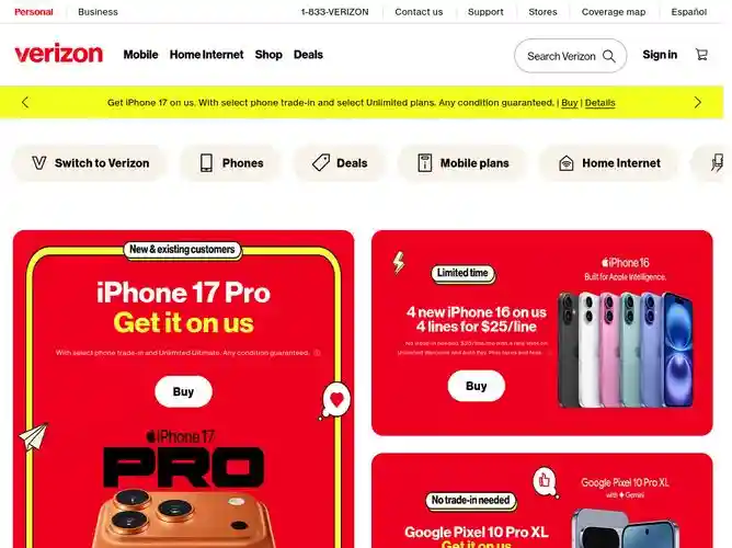 The website screenshot for http://verizonwireless.com