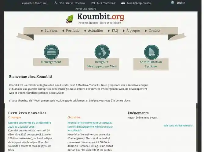 The website screenshot for http://koumbit.net