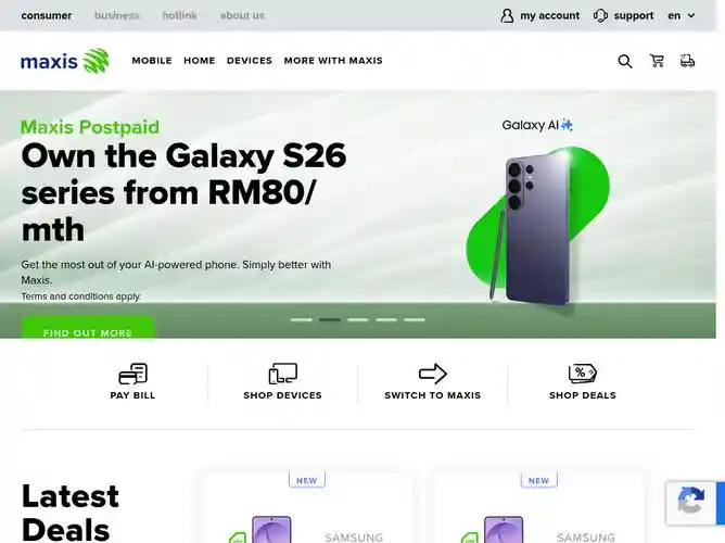 The website screenshot for http://www.maxis.com.my