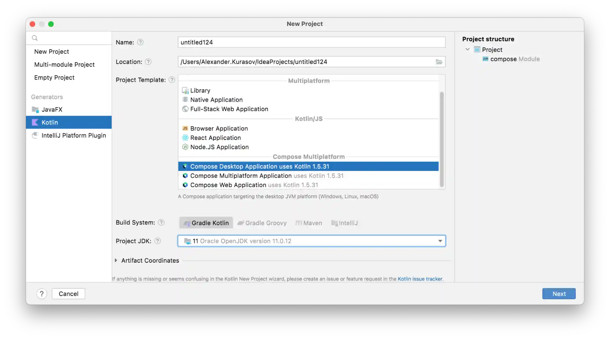 image_tooltip New Project wizard showing the "Compose Desktop Application" example