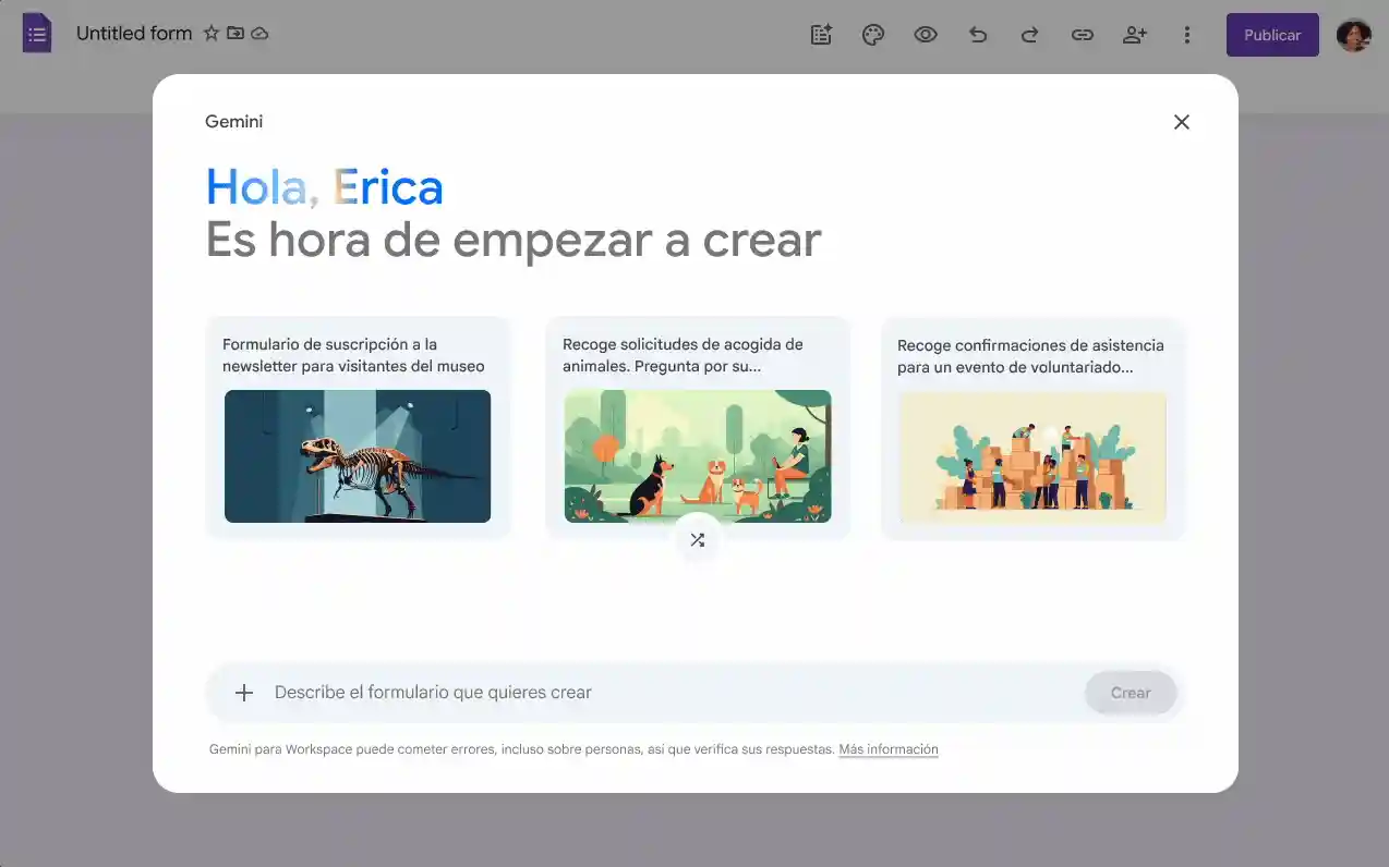 Help me create in Spanish helps users create a form with a simple prompt