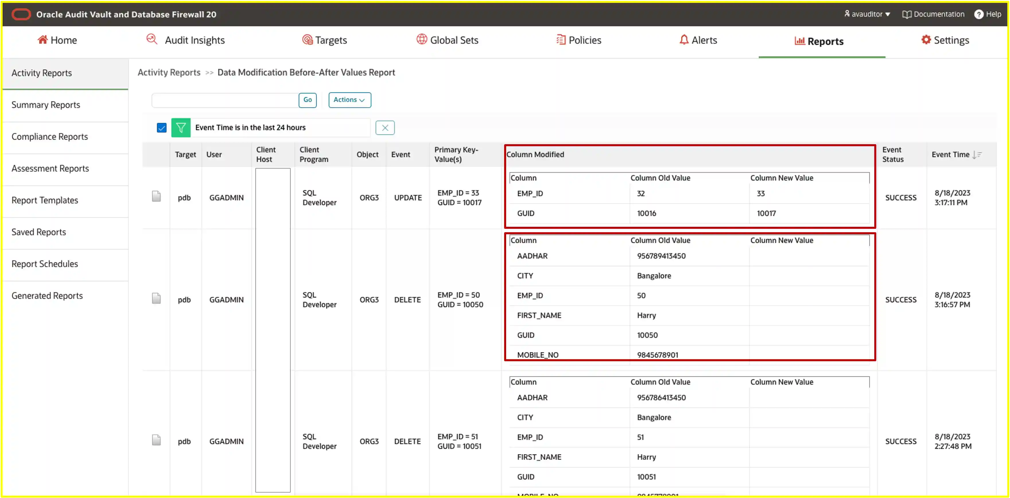 Data Modification - Before-After Values Report