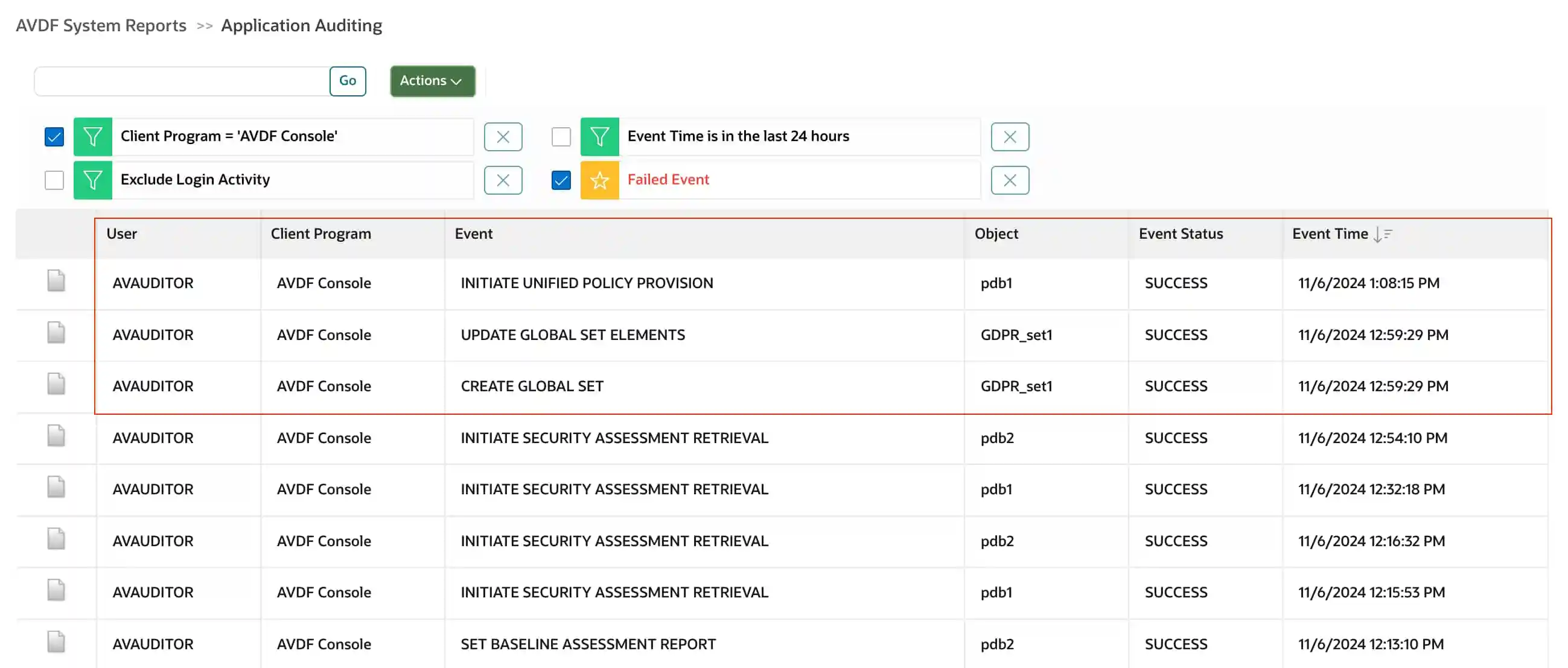 Screenshot of an AVDF system report showing audit events