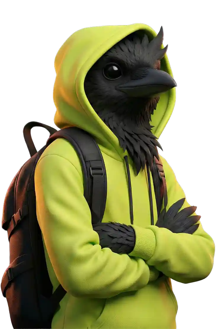 Bold Crow mascot with crossed arms