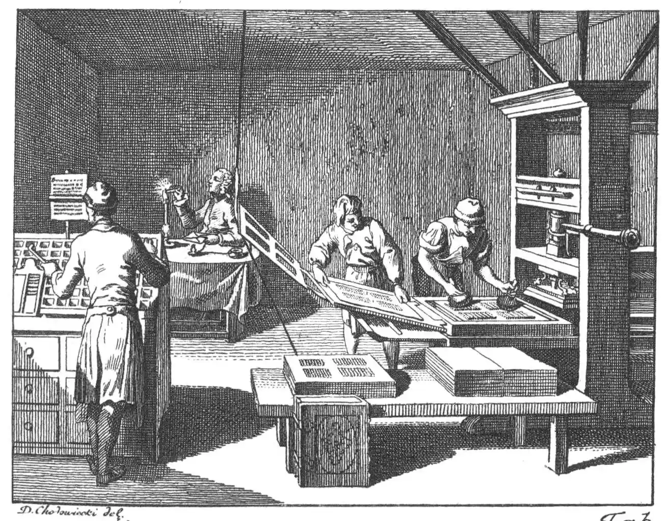 Figure 1: A drawing of printing press workers. (By Daniel Nikolaus Chodowiecki. Wikipedia, public domain.)