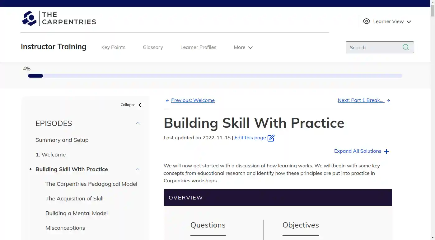 screenshot of the 'Building Skill with Practice' episode of the Instructor Training lesson
