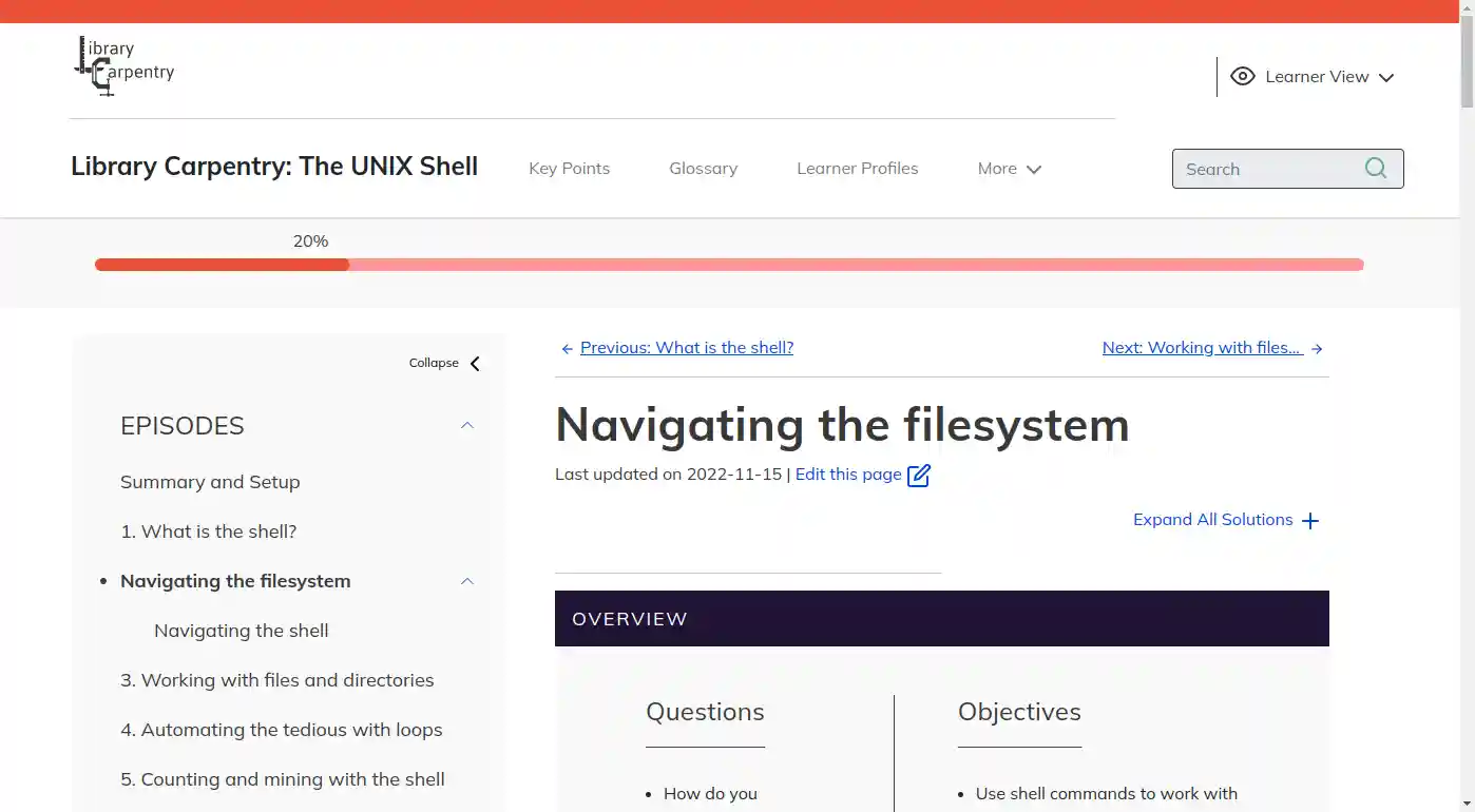 screenshot of the 'Navigating the Filesystem' episode of the Library Carpentry Shell lesson