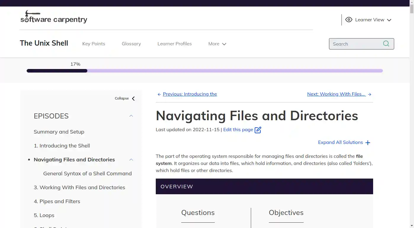 screenshot of the 'Navigating Files and Directories' episode of the Software Carpentry Shell lesson
