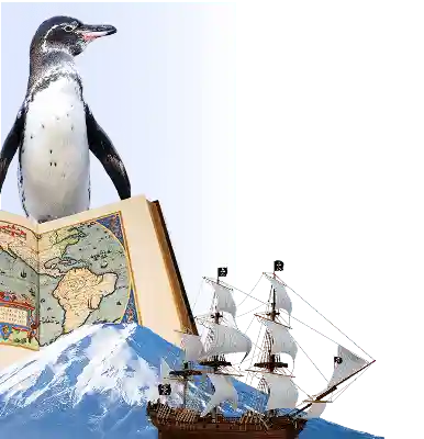 Penguin, ship, mountain, atlas
