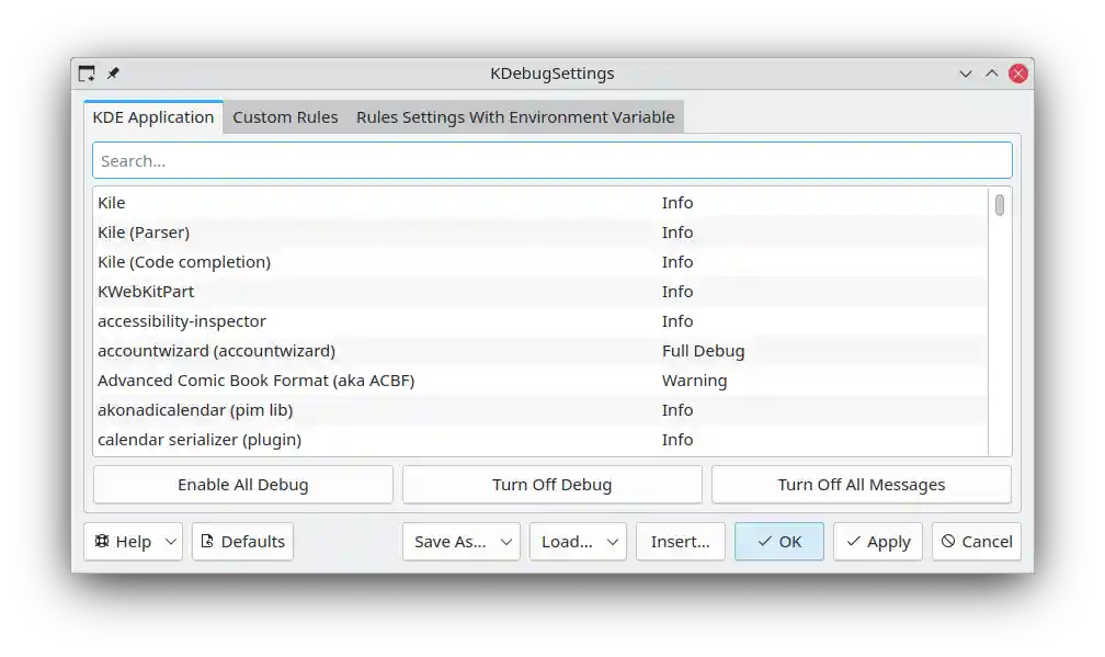 The main window of KDebugSettings.