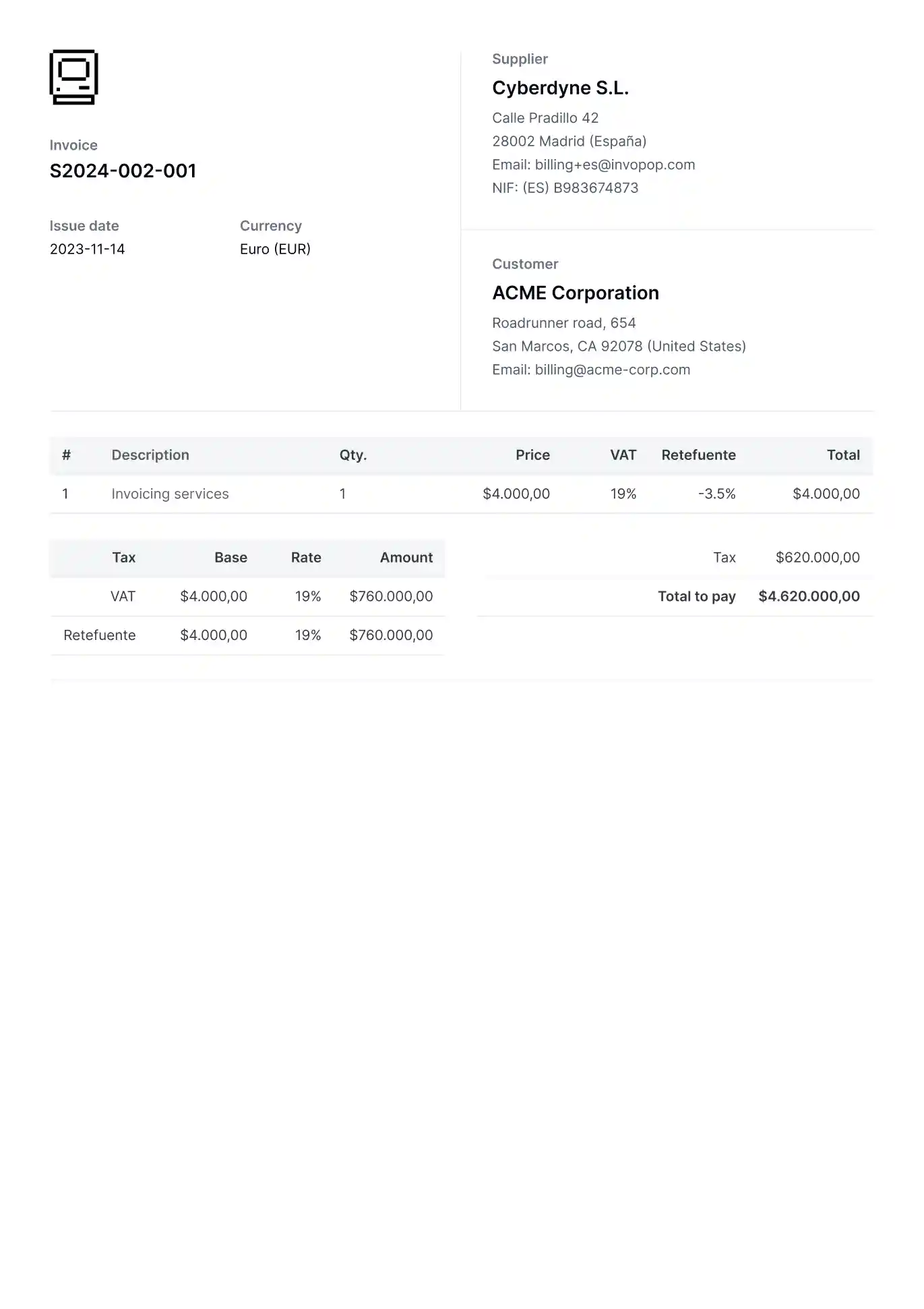 Example of a PDF invoice generated by Invopop