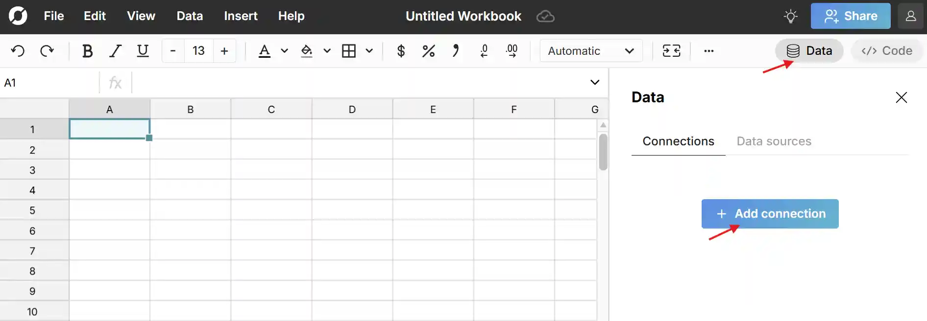 insert connected table into spreadsheet