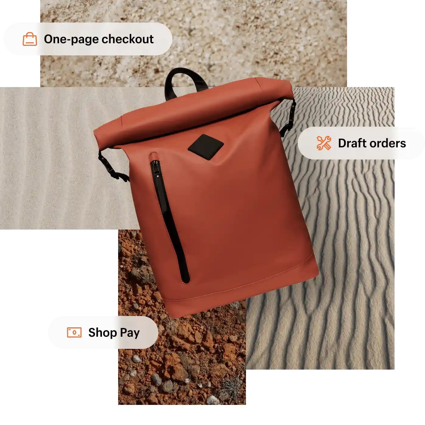 Background collage image of different textures of sand and soil, with buttons labeled 'one-page checkout', 'draft orders', and 'Shop Pay'. In the foreground is a stylish roll-top backpack in a rust colour.