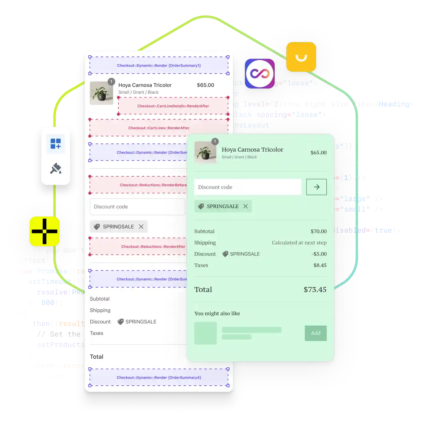 The developer view for a checkout screen showing a fully customizable checkout template. The final checkout screen appears next to the developer view, showing a green checkout page where a shopper is buying a plant. Both images are surrounded by various developer icons and snippets of code.