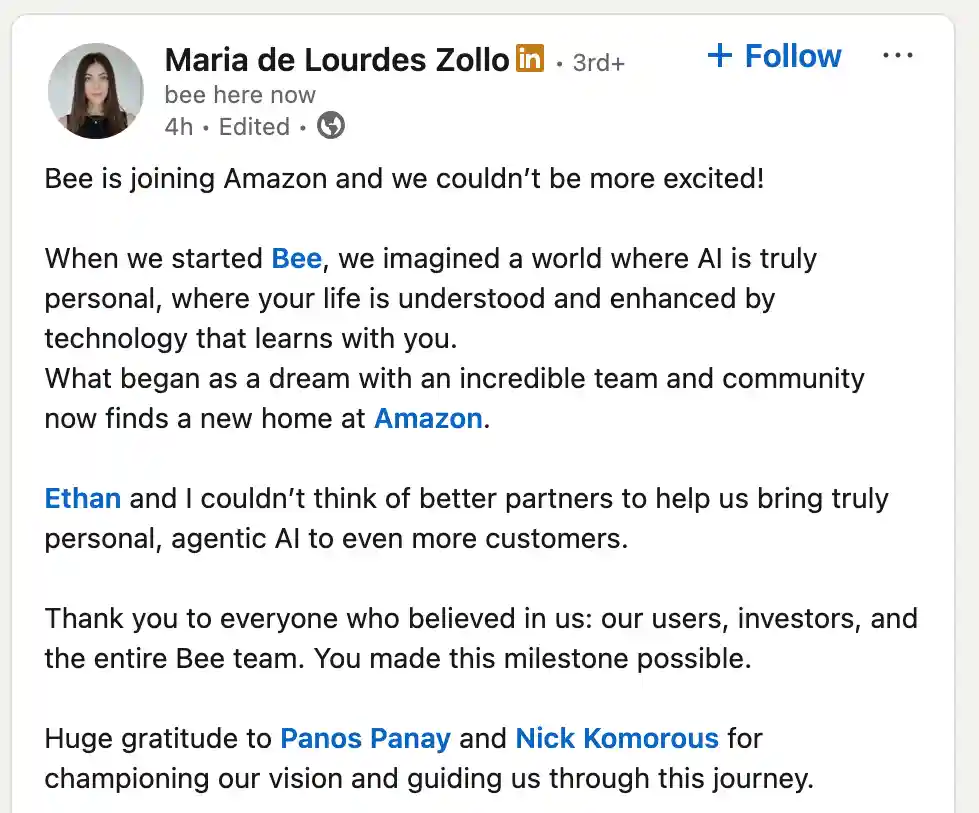 Bee.computer announces it has been acquired by Amazon.com