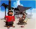 A promotional render of Shimmy Zmizz and Baccio Trumpman relaxing at the beach, from EarthBound 64.