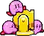The goal cannon with three Kirbys from Kirby Super Star (Dyna Blade)