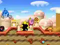 Kirby hops along near one of the seasonal doors on Planet Floria.