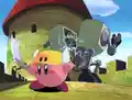 Kirby felling Slice n' Splice with the Cutter ability
