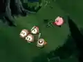 Kirby is lured away by King Dedede's soldiers using a watermelon.